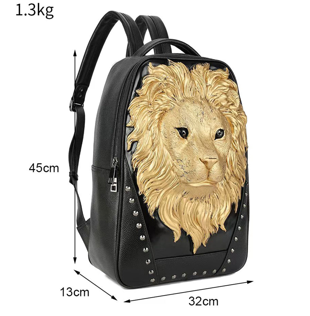 3D Leather Backpack 3D Lion Head Modeling outdoor Backpack Travel Computer Bags Small