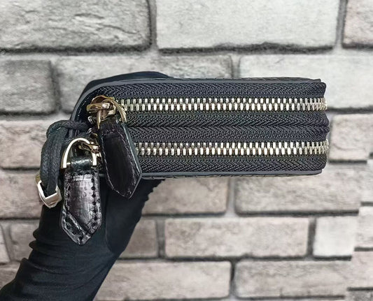 Portafoglio lungo da uomo con doppia cerniera, in pelle di coccodrillo, nero