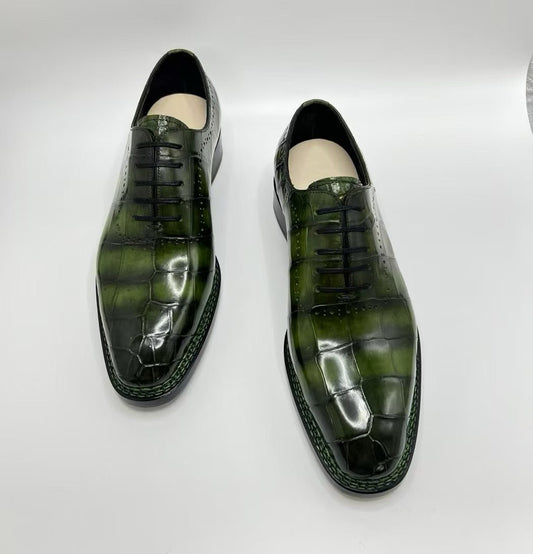 Scarpe da coccodrillo, scarpe vintage da uomo in pelle di coccodrillo verde, allacciate con cucitura norvegese