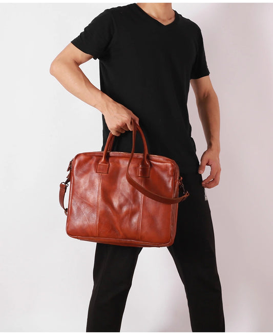 Vegetable Tanning Leather Grande valigetta, borsa business con manico per laptop