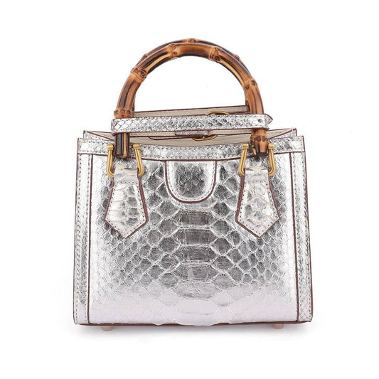 Womens Python Leather Bamboo Bag Mini Top Handle Cross Body Handbag