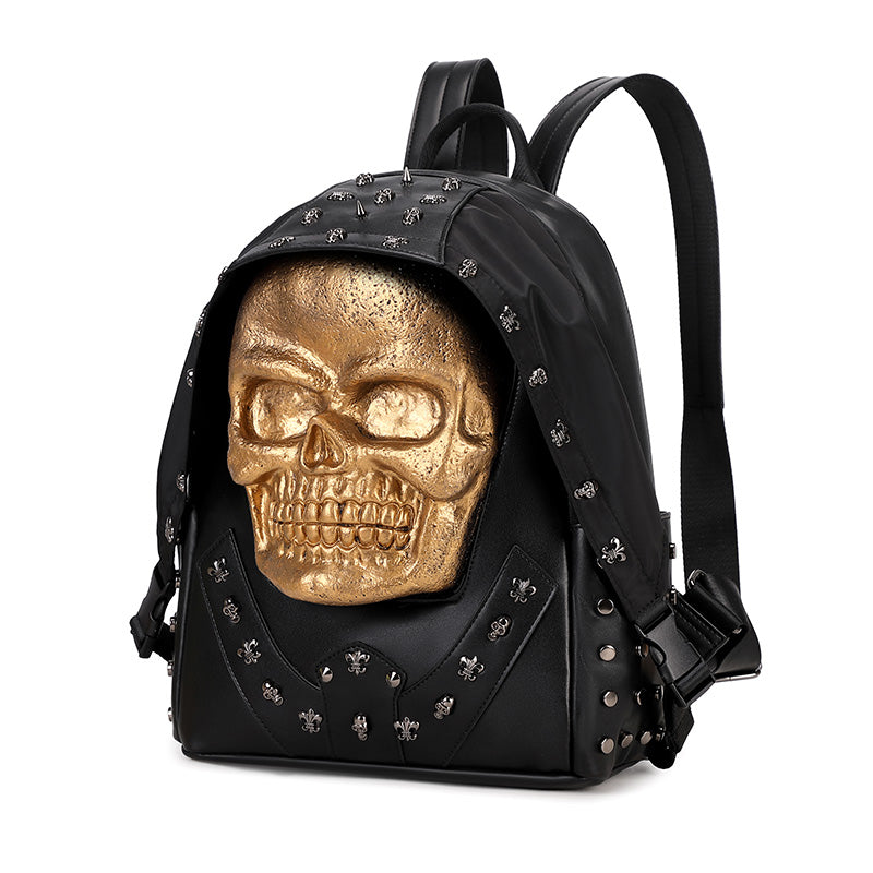 Zaino 3D in pelle PU con teschio e borchie, zaino per computer 3D