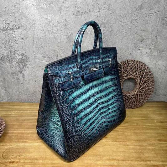 Genuine Crocodile Skin Leather 40cm Oversized Padlock Business Handbags Office Bags Vintage Turquoise Green Color