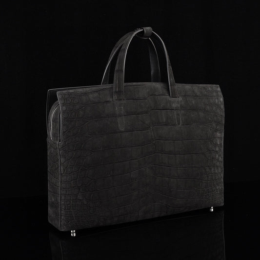 Nubuck Genuine Crocodile Skin Leather Top Handle Tote Duffel Bag Large Black