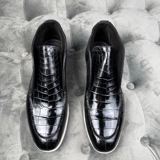 Stivali da uomo in pelle di coccodrillo, modello slip-on, neri