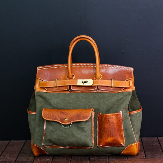 Unisex nuova borsa oversize in vera pelle vintage effetto olio/cera con manico superiore in canvas