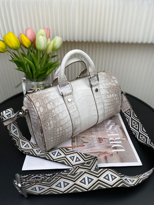 Unisex Borsa Boston in vera pelle di coccodrillo bianca Himalaya