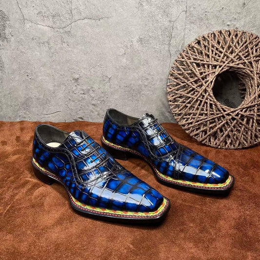 Crocodile Shoes Men's Crocodile Leather Norwegian Stitching Lace Up Dress Shoes Vintage Blue