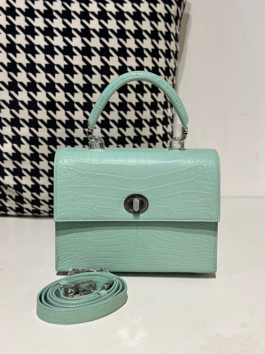 Borsa con manico superiore in pelle di coccodrillo verde