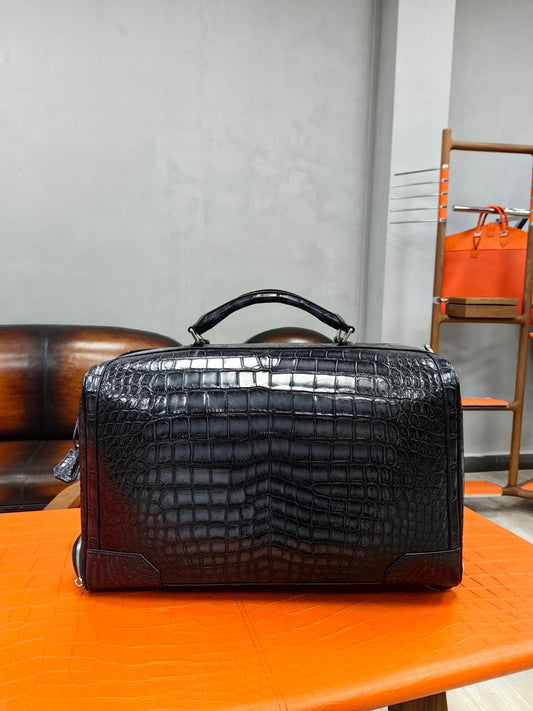 alt
Borsa da viaggio business vintage grigia unisex in vera pelle di coccodrillo, grande borsone con rotelle, manico e tracolla