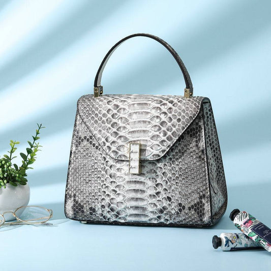 Womens Python Grey Leather Small Flap Bag Top Handle Cross Body Handbag