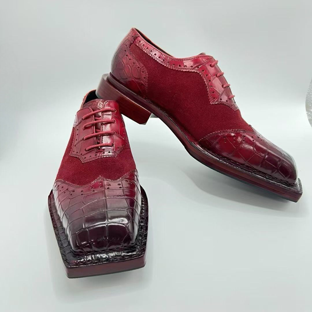 Genuine Crocodile Leather Square-Toe Classic Lace -Up Dress Shoes Wine Red & Vintage Tan
