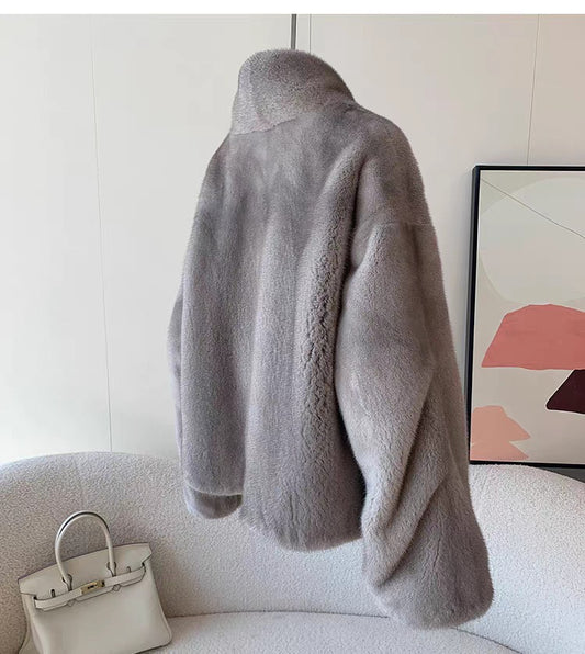 Cappotto corto da donna in pelliccia di visone intero, visone in velluto etichetta viola importato, giacca corta in pelliccia con colletto alla coreana