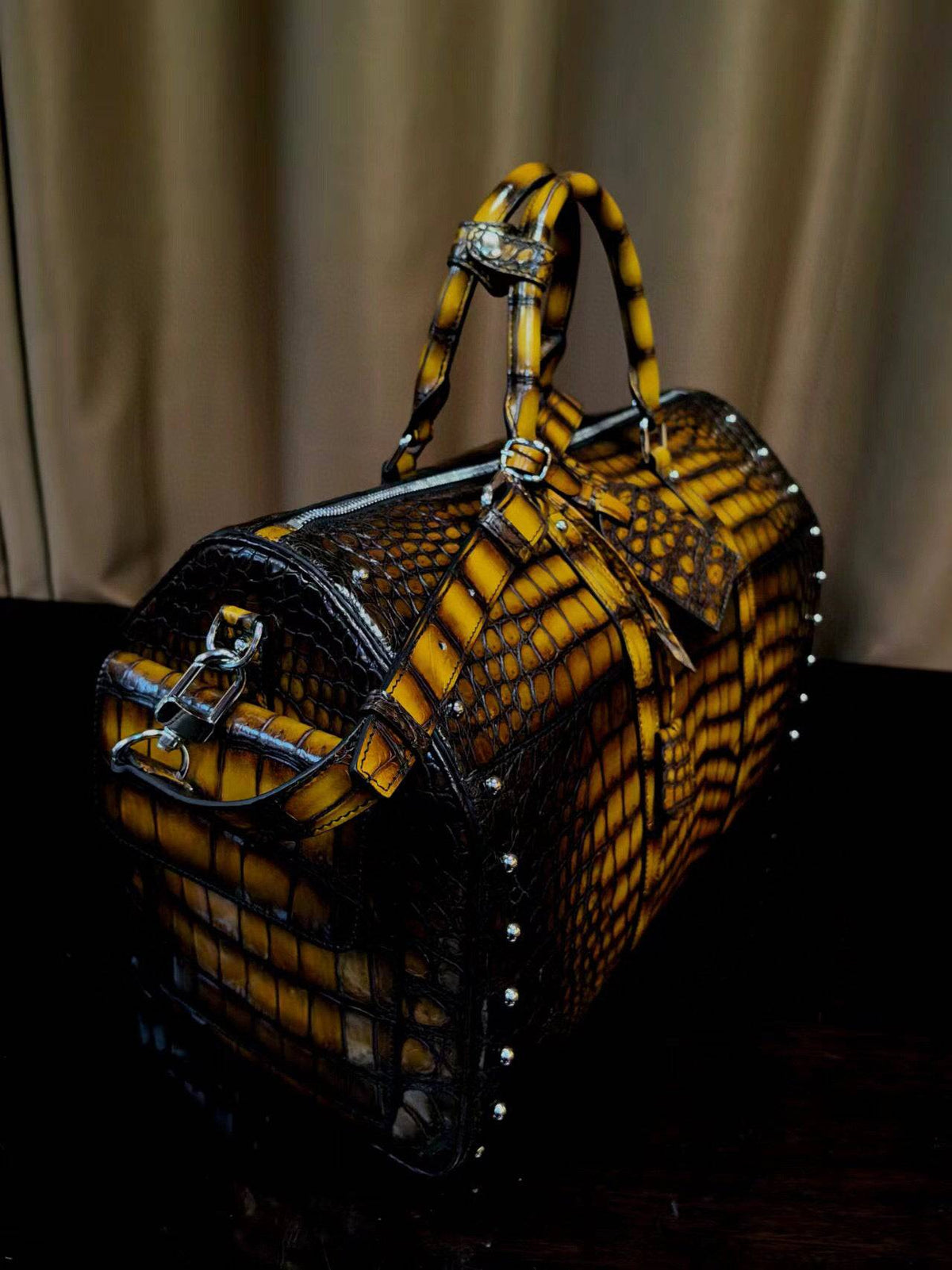Men's Vintage Brown Crocodile Leather Large Studded Travel Duffle Bags