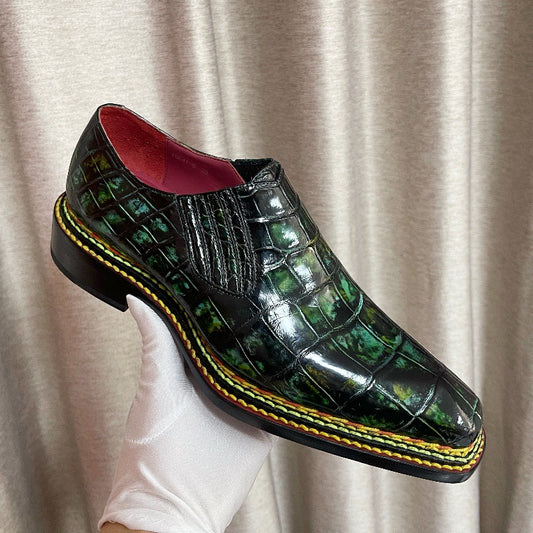 Crocodile Shoes, mocassini slip-on da uomo vintage verdi stile norvegese
