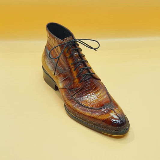 Crocodile Shoes, stivali stringati vintage da uomo color cuoio stile norvegese