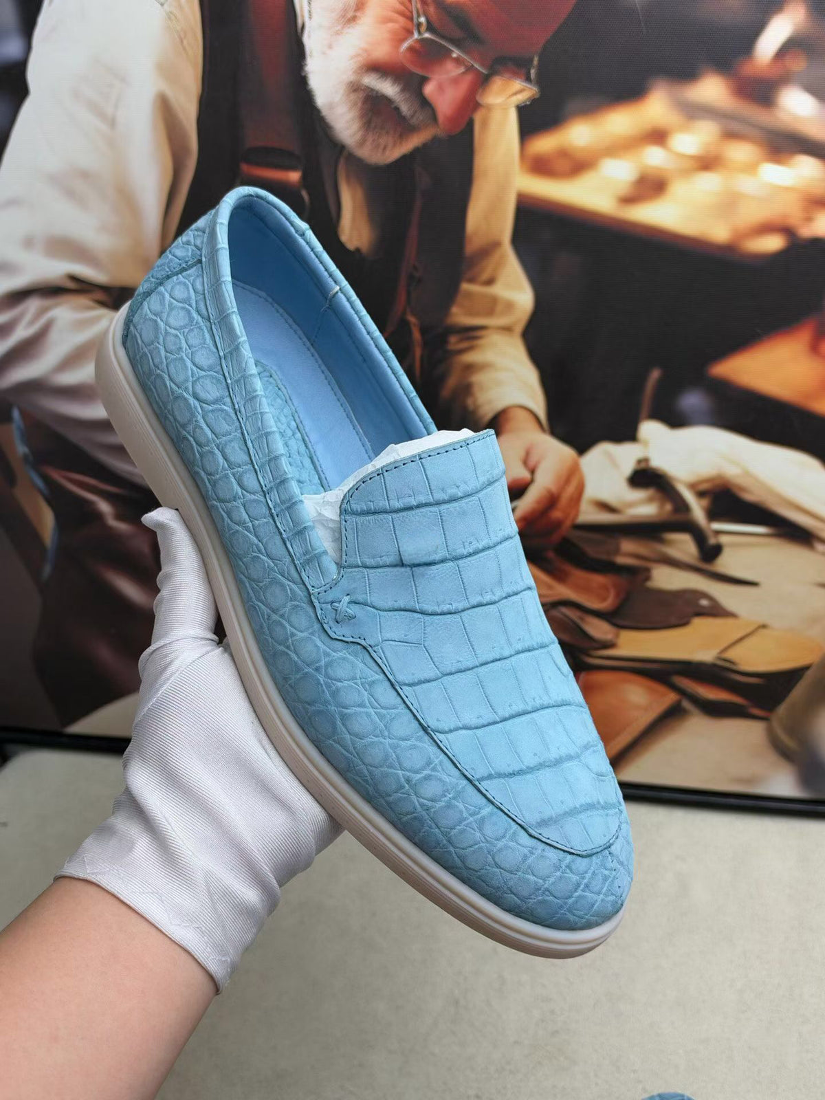Nubuck Crocodile Shoes,Men's Crocodile Leather Loafers Slip-On Dress Shoes Pale Blue