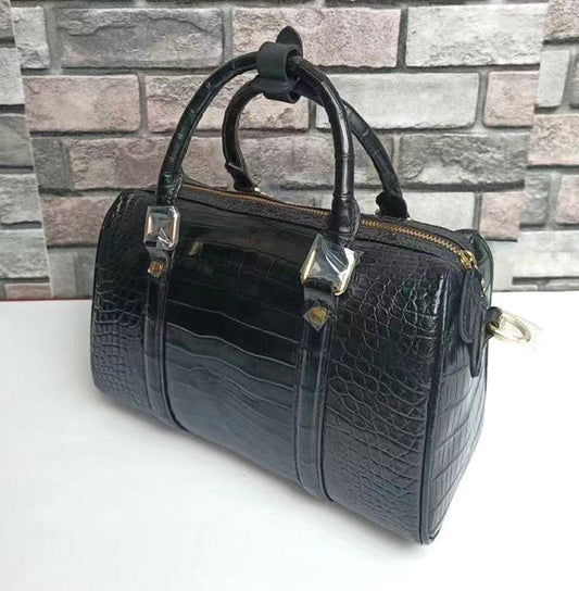 Crocodile Leather Top Handle Boston Cross Body handbag Black