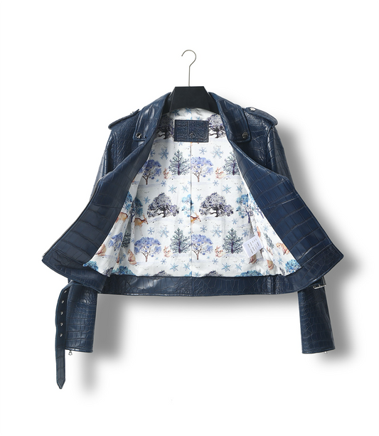 Womens Crocodile Leather BIiker Perfecto Jacket Blue