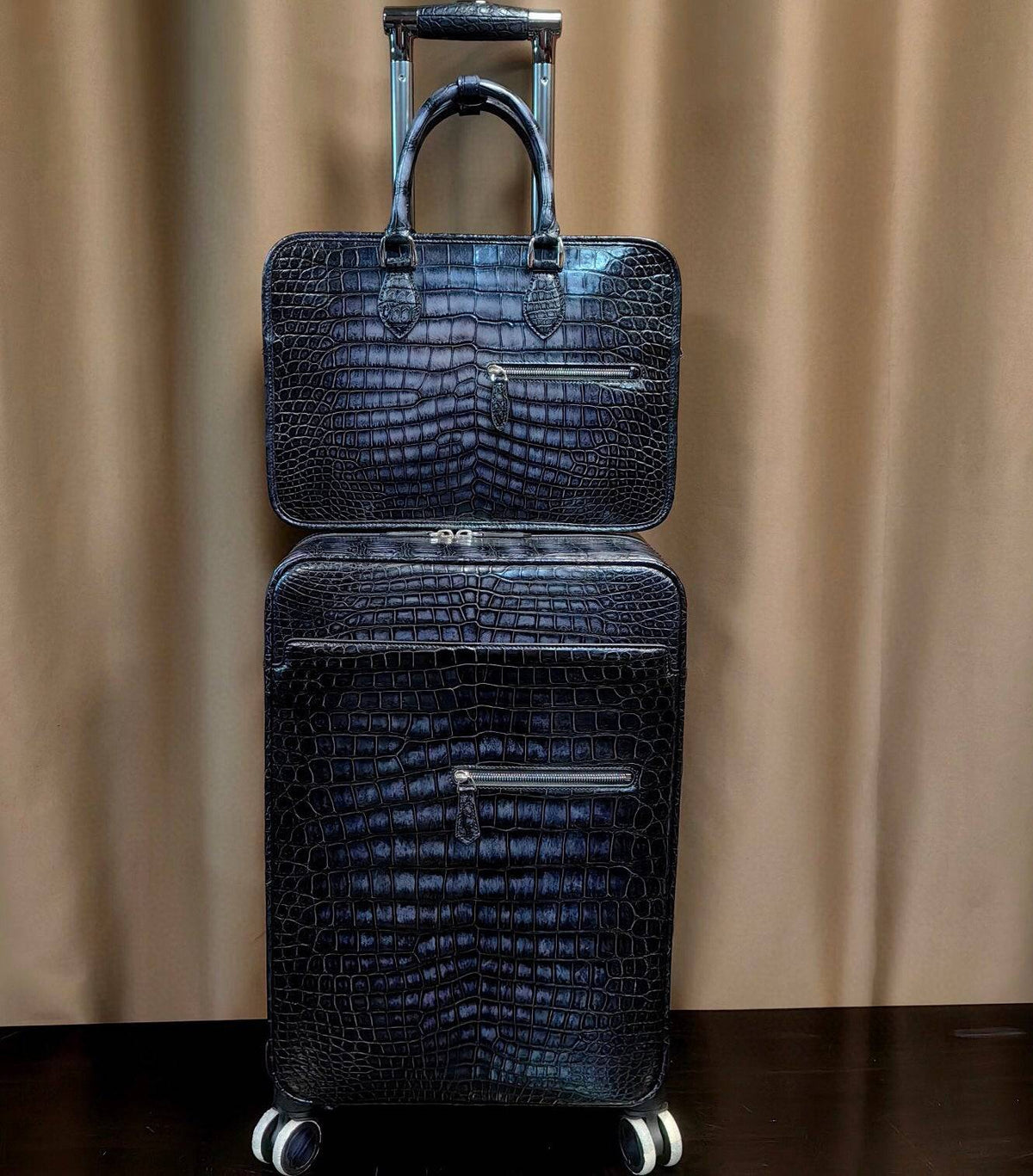Valigia trolley retrò vintage in pelle di coccodrillo, borsa da weekend/viaggio con ruote universali da 20 pollici e set con borsa ventiquattrore