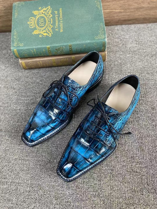 alt
Scarpe in coccodrillo, scarpe stringate da uomo vintage blu cucite alla norvegese