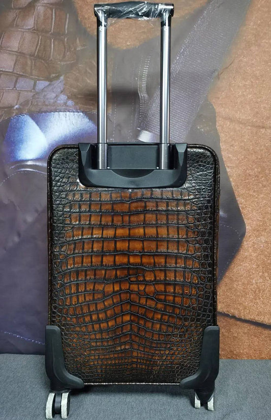 Valigia trolley/da viaggio in pelle di coccodrillo marrone retrò, bagaglio da weekend, ruote universali, 20-Inch