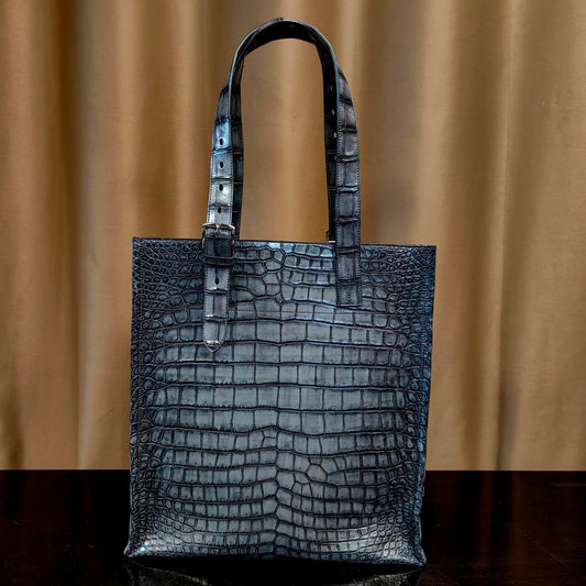 Borsa shopper grande unisex in pelle di coccodrillo grigia vintage