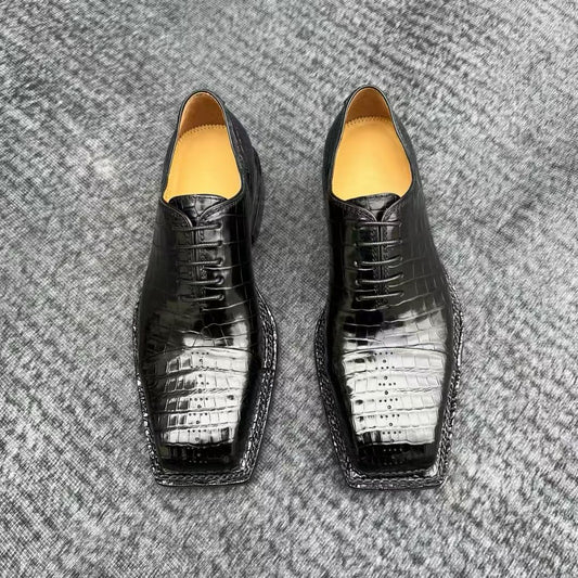 alt
Scarpe eleganti classiche stringate con punta quadrata in vera pelle di coccodrillo