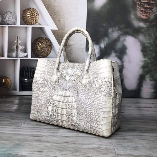 Borsa tote da donna in vera pelle di coccodrillo Himalaya bianca 35cm