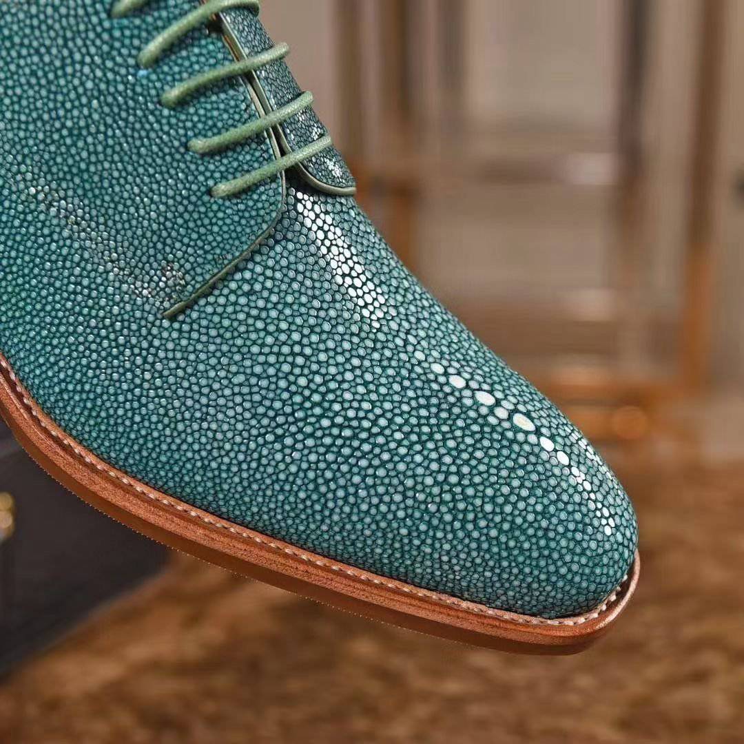 Genuine Pearl Stingray Leather Mens Wingtip Formal Lace up Wedding Office Shoes Green