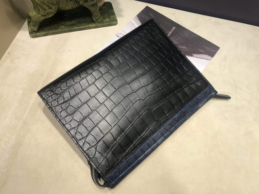 Borsa clutch da uomo in preordine, pochette in pelle di pancia di coccodrillo, pouch, borsa con cerniera in pelle