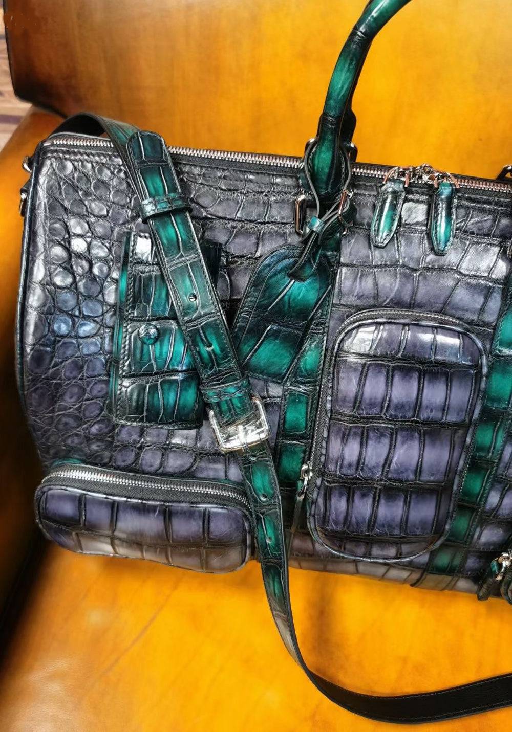 Vintage Green Genuine Crocodile Leather Large Duffel Bag