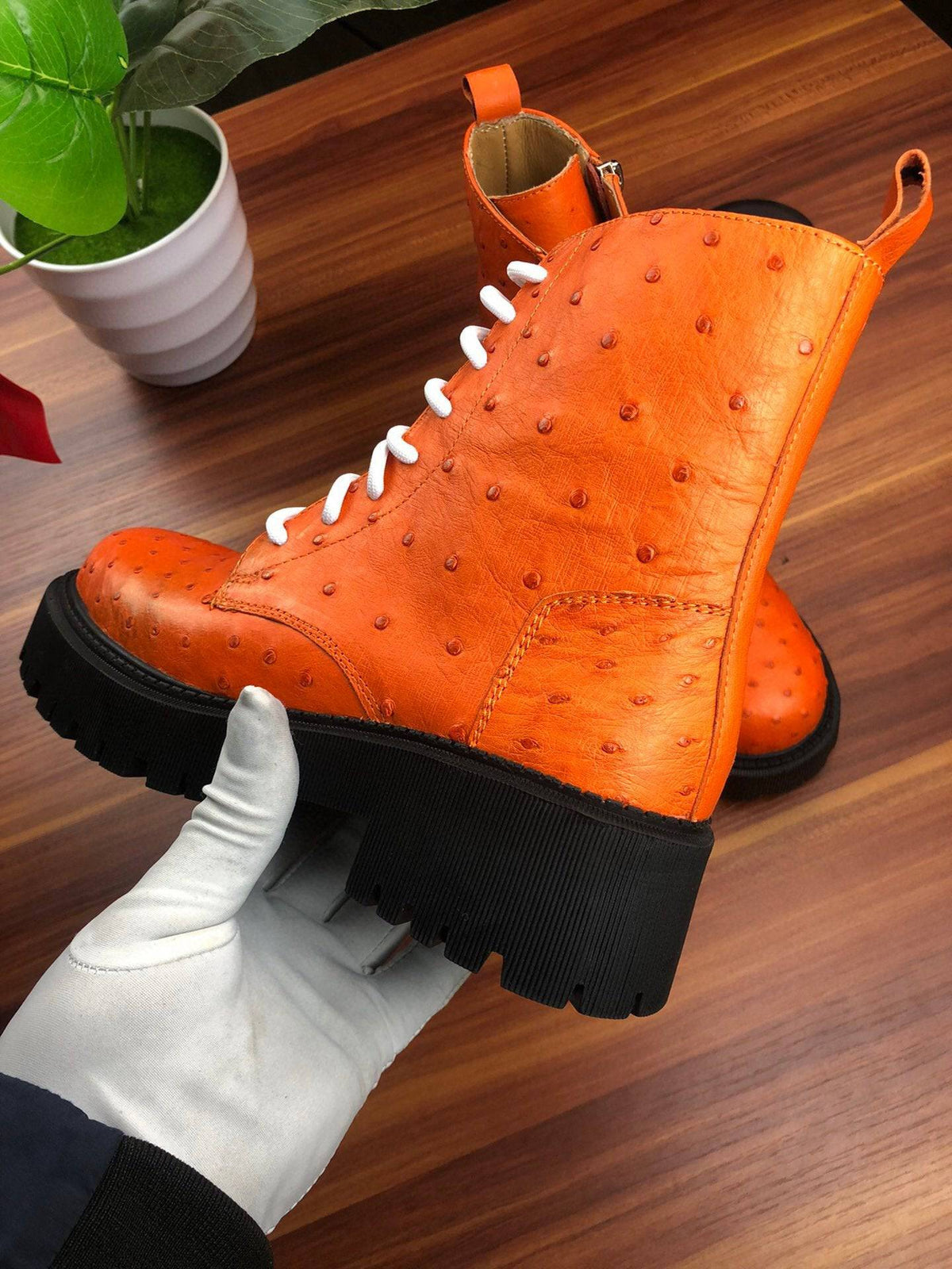 Crocodile Shoes Women's Ostrich Leather Parker Combat Boots Orange