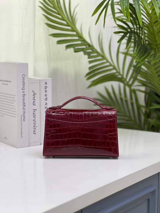 Womens Genuine Glossy Crocodile Skin Leather Small Top Handle Cross Body Bag