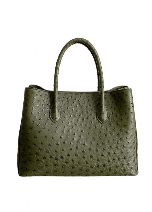 Borsa a cartella da donna in pelle di struzzo verde oliva
