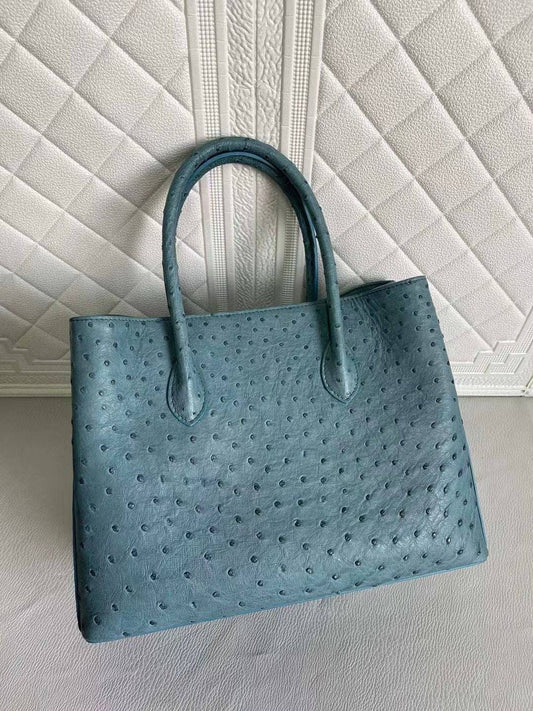 Womens Ostrich Leather Top Handle Shoulder Cross Body Bags Coral Blue & Yellow 33cm