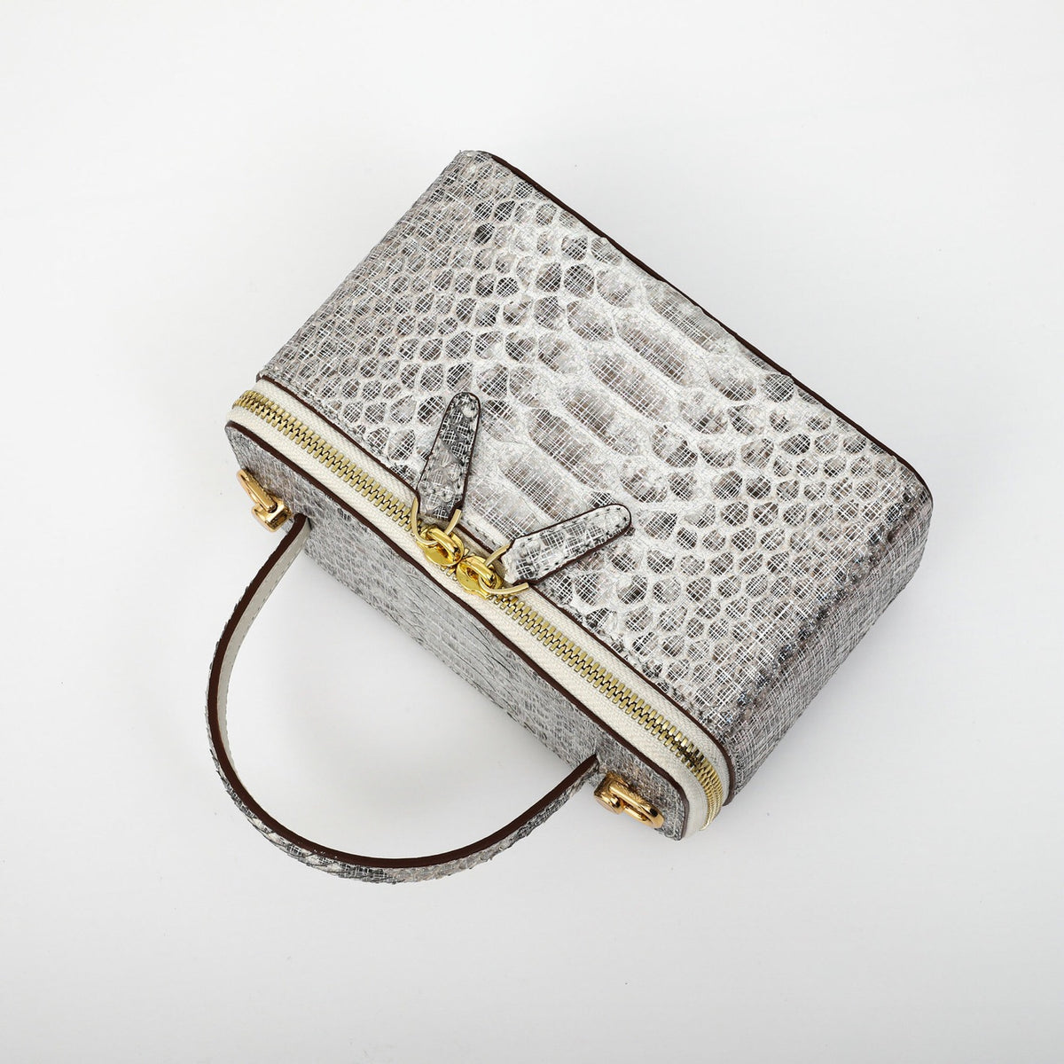 Women's Python leather top handle cosmetic crossbody bag by Rossie Viren, featuring a sleek design and versatile carry options.