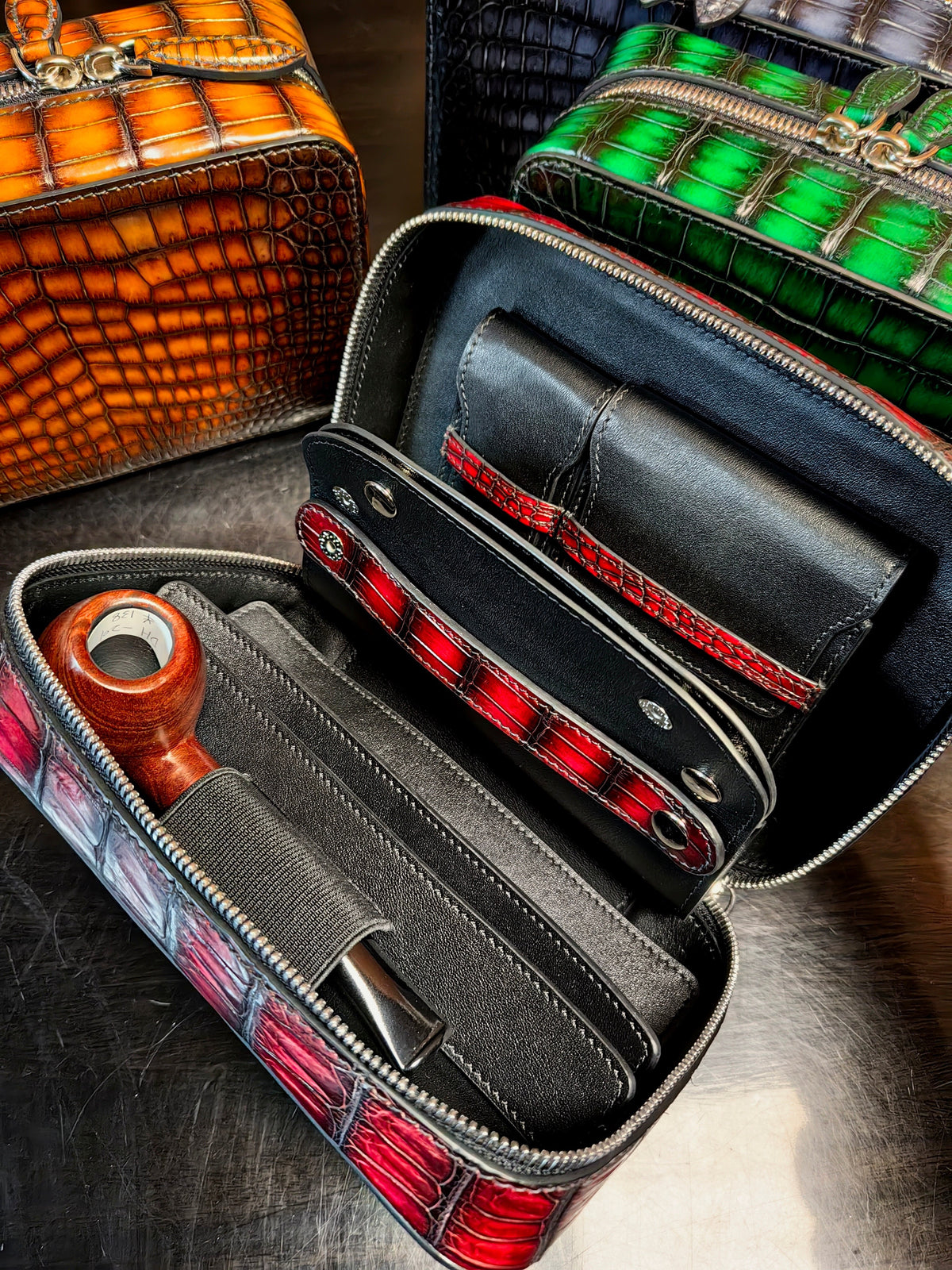 Astuccio con zip per pipa in vera pelle di coccodrillo vintage, borsa per pipa in pelle di coccodrillo, custodia per pipa in pelle di coccodrillo, regalo personalizzato, custodia per pipa da fumo, tabacco, regalo di Natale