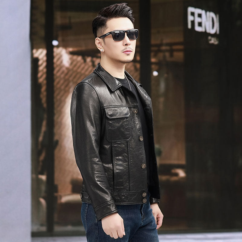 Notch Lapel Collar Leather Jacket,Button Fastening Men Calfskin Leather Jacket