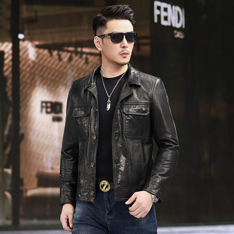 Notch Lapel Collar Leather Jacket,Button Fastening Men Calfskin Leather Jacket