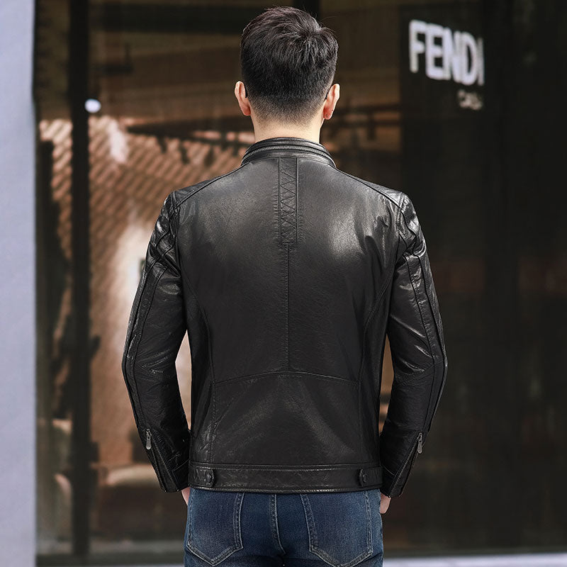 alt
Giacca in pelle, giacca corta da uomo in pelle con colletto alla Nehru e zip