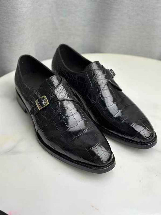 Mocassini slip-on Monk Strap in pelle stampa coccodrillo neri, eleganti da cerimonia