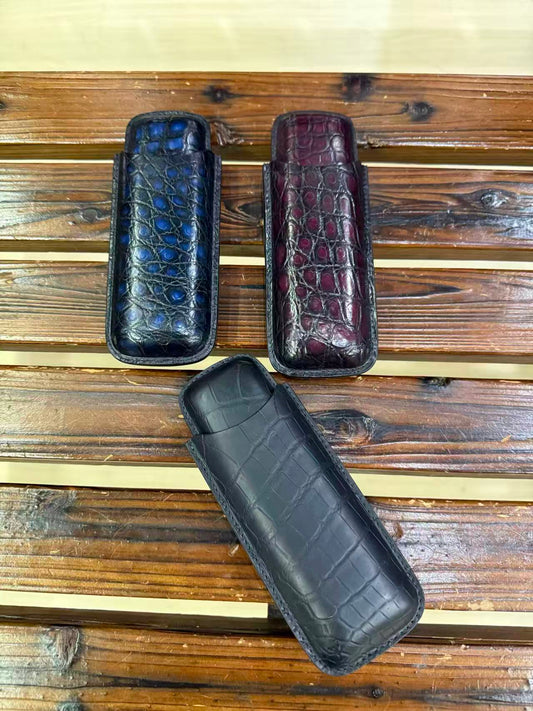 Custodia per sigari in vera pelle di coccodrillo, set da 2 pezzi