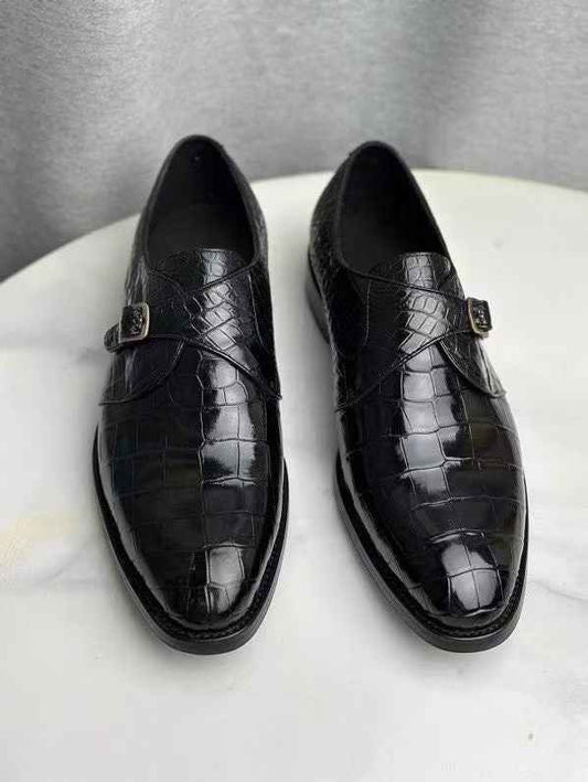 Mocassini slip-on monk strap effetto coccodrillo neri eleganti