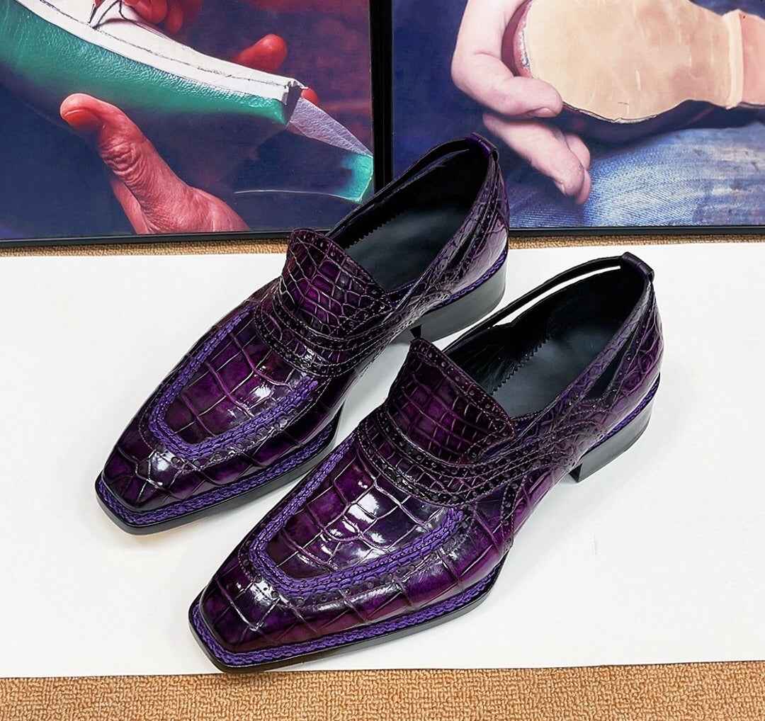 Crocodile Shoes, Crocodile Leather Norwegian Sewn Dress Loafer Shoes Vintage Purple