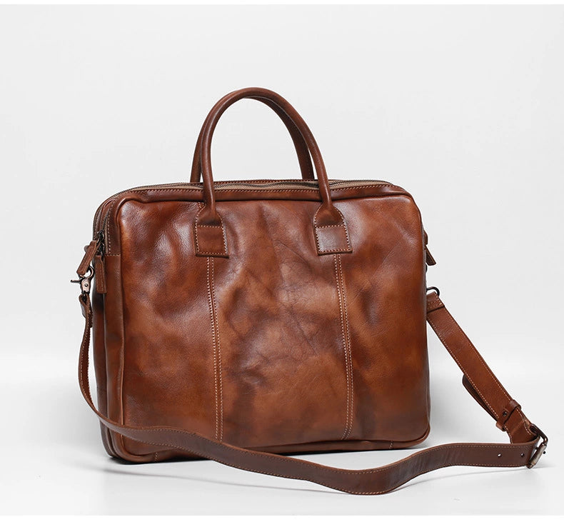 Vegetable Tanning Leather Large Briefcase,Business Laptop Handle Bag
