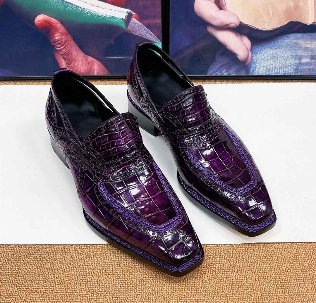 Crocodile Shoes, Crocodile Leather Norwegian Sewn Dress Loafer Shoes Vintage Purple