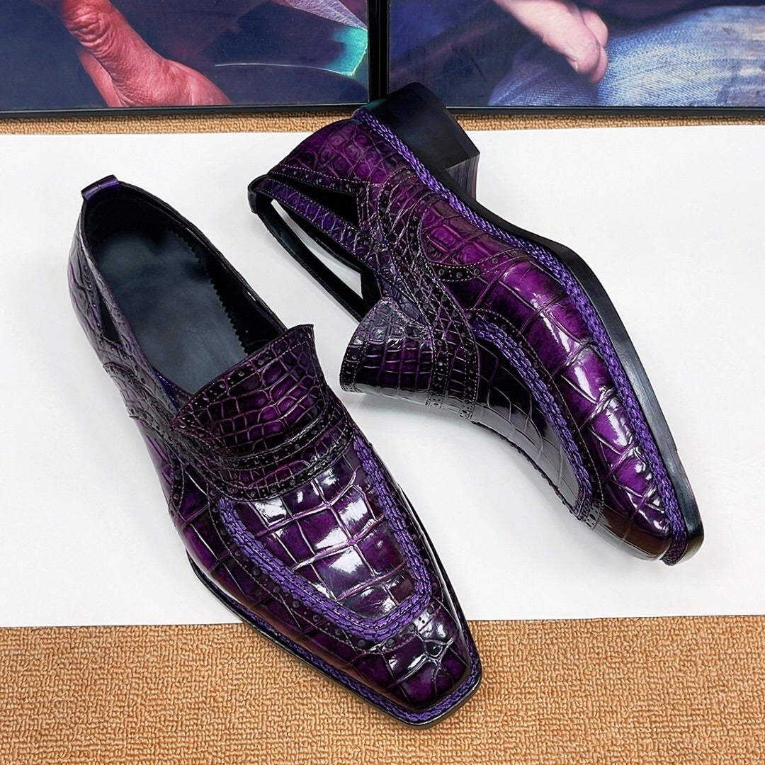 Crocodile Shoes, Crocodile Leather Norwegian Sewn Dress Loafer Shoes Vintage Purple