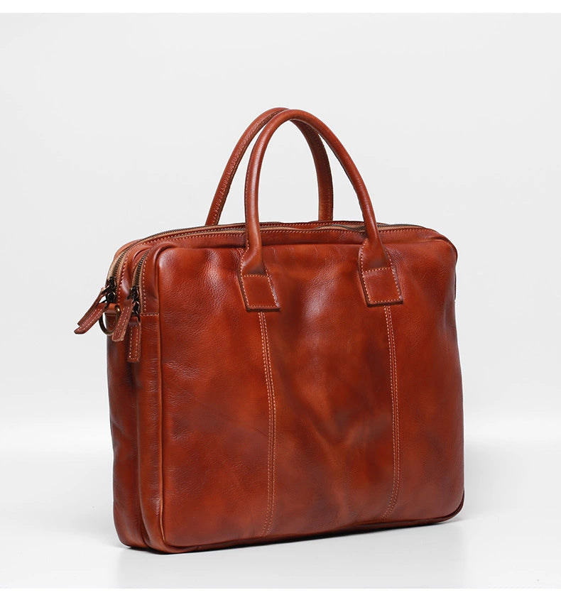 Vegetable Tanning Leather Large Briefcase,Business Laptop Handle Bag