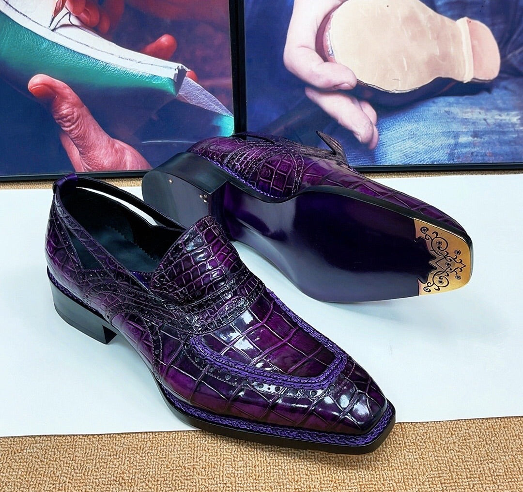 Crocodile Shoes, Crocodile Leather Norwegian Sewn Dress Loafer Shoes Vintage Purple